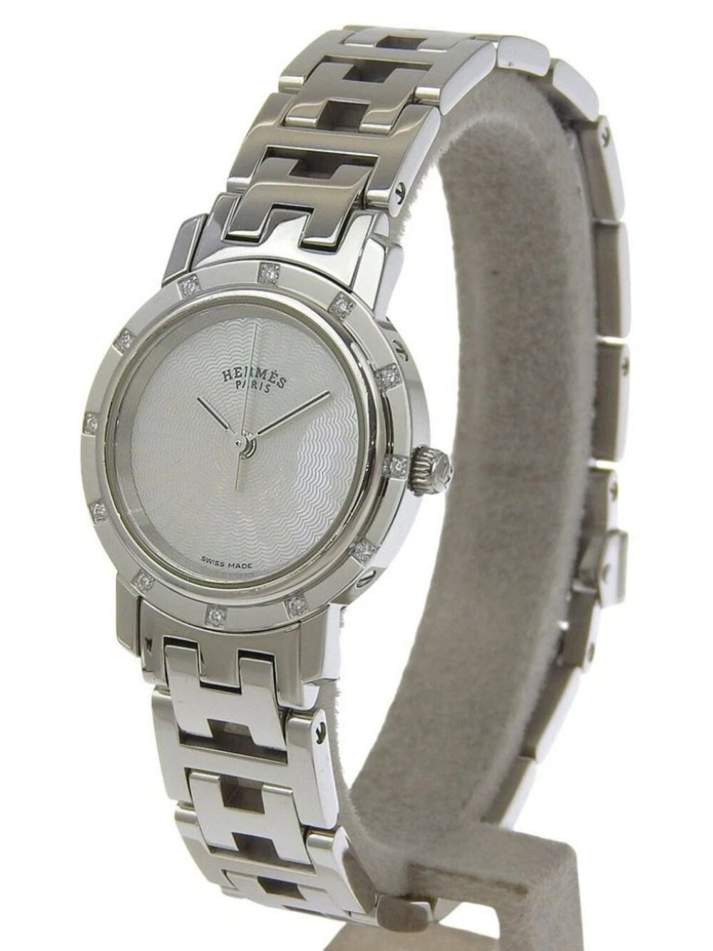 HERMES Clipper Nacre Watches CL4.230 12P diamond White shellDial Stainless...